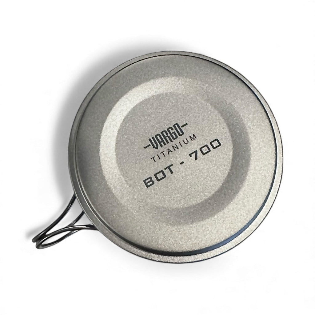 Vargo Titanium cooking pot lid on a white background