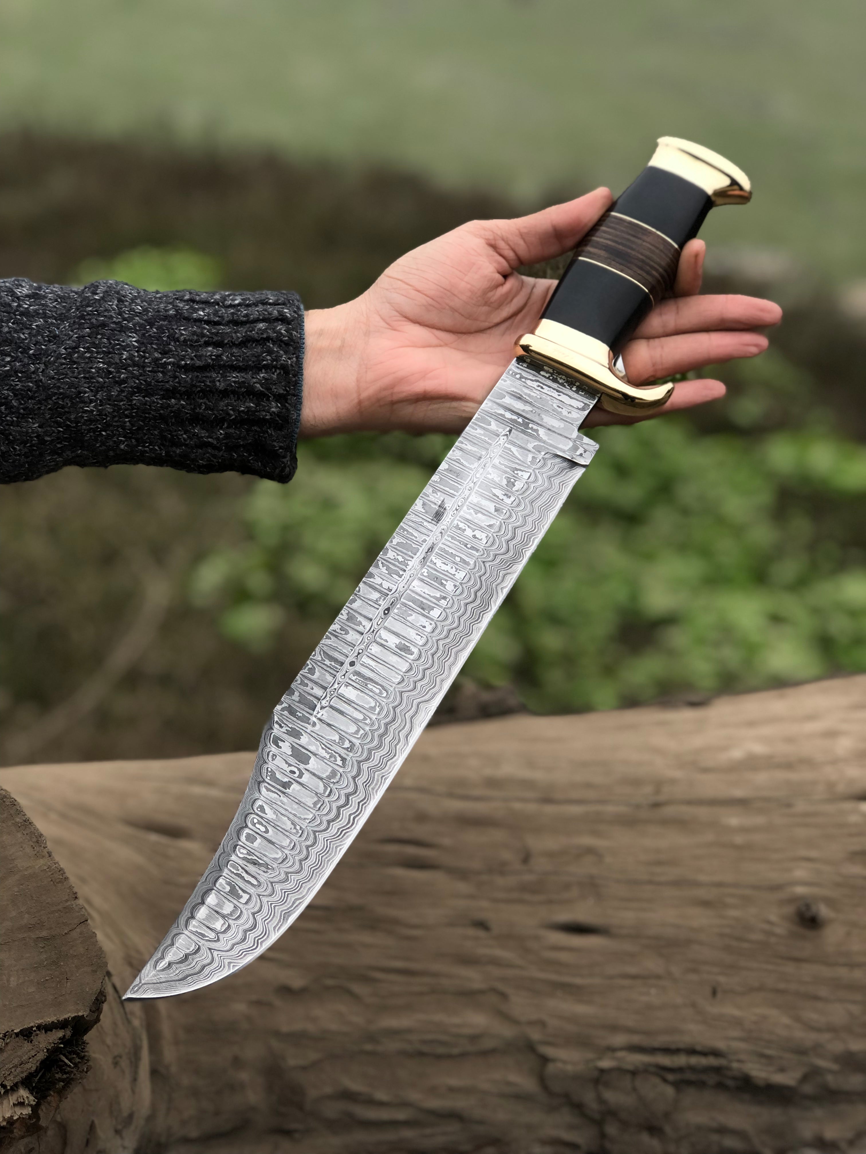 Authentic Crocodile Dundee Knife – 16” Handmade Damascus Steel Blade with Buffalo Horn or Leather Handle & Brass Guard + Leather Sheath