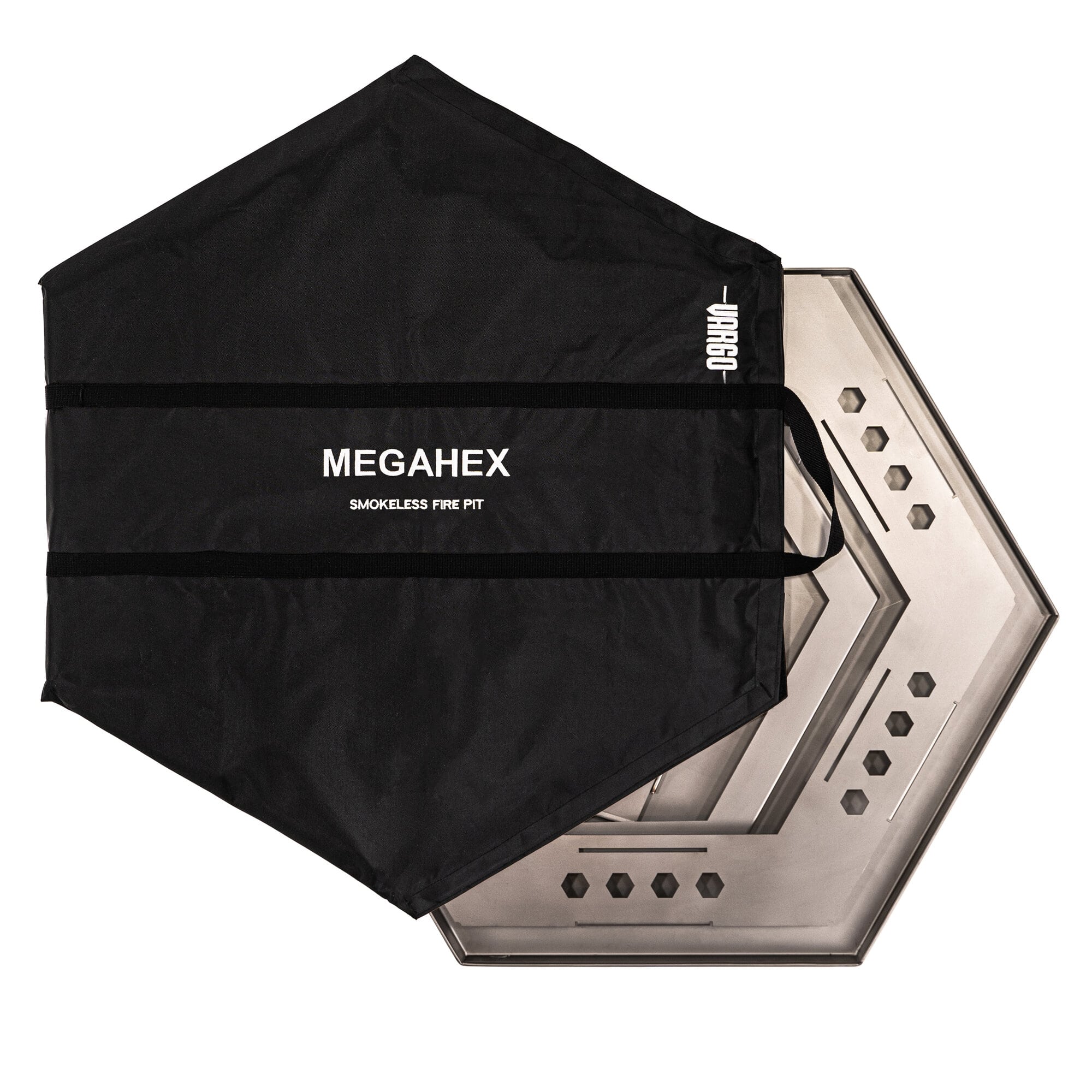 Hexagonal fire pit with black carrying case labeled 'MEGAHEX' on a white background