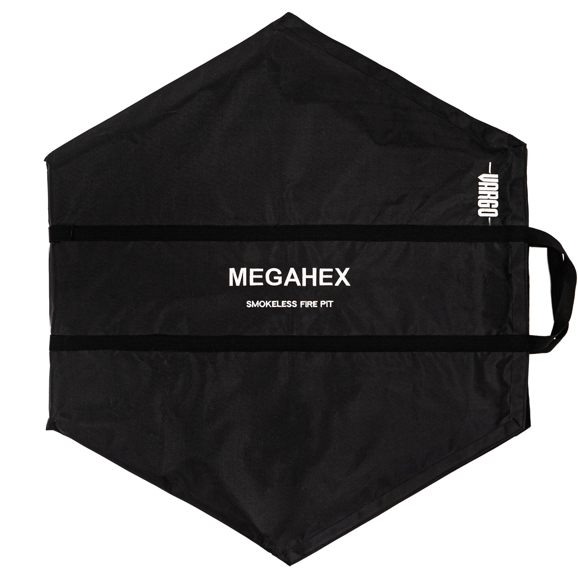Black hexagonal fire pit cover with 'MEGAHEX' branding on a white background
