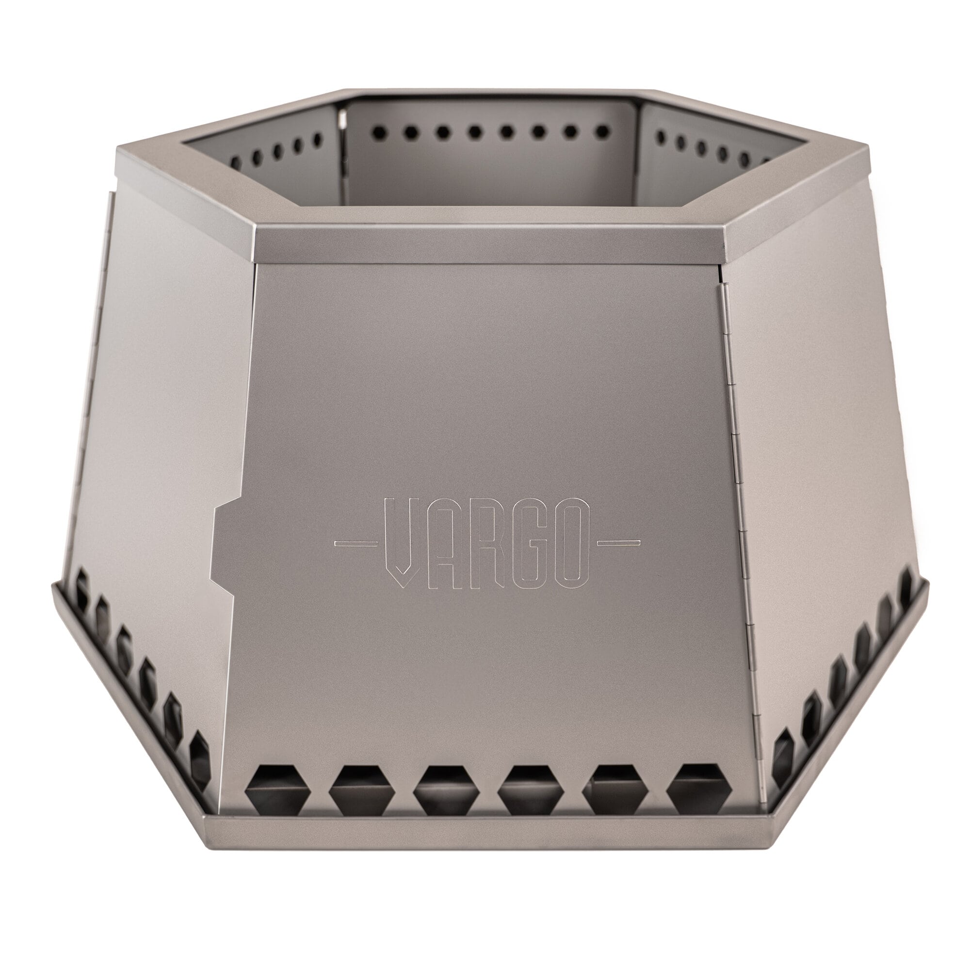 Hexagonal metal fire pit with 'Vargo' branding on a white background