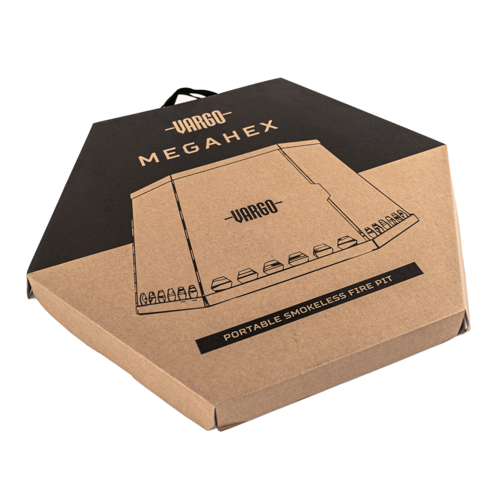 Vargo Megahex portable smokeless fire pit packaging on a white background