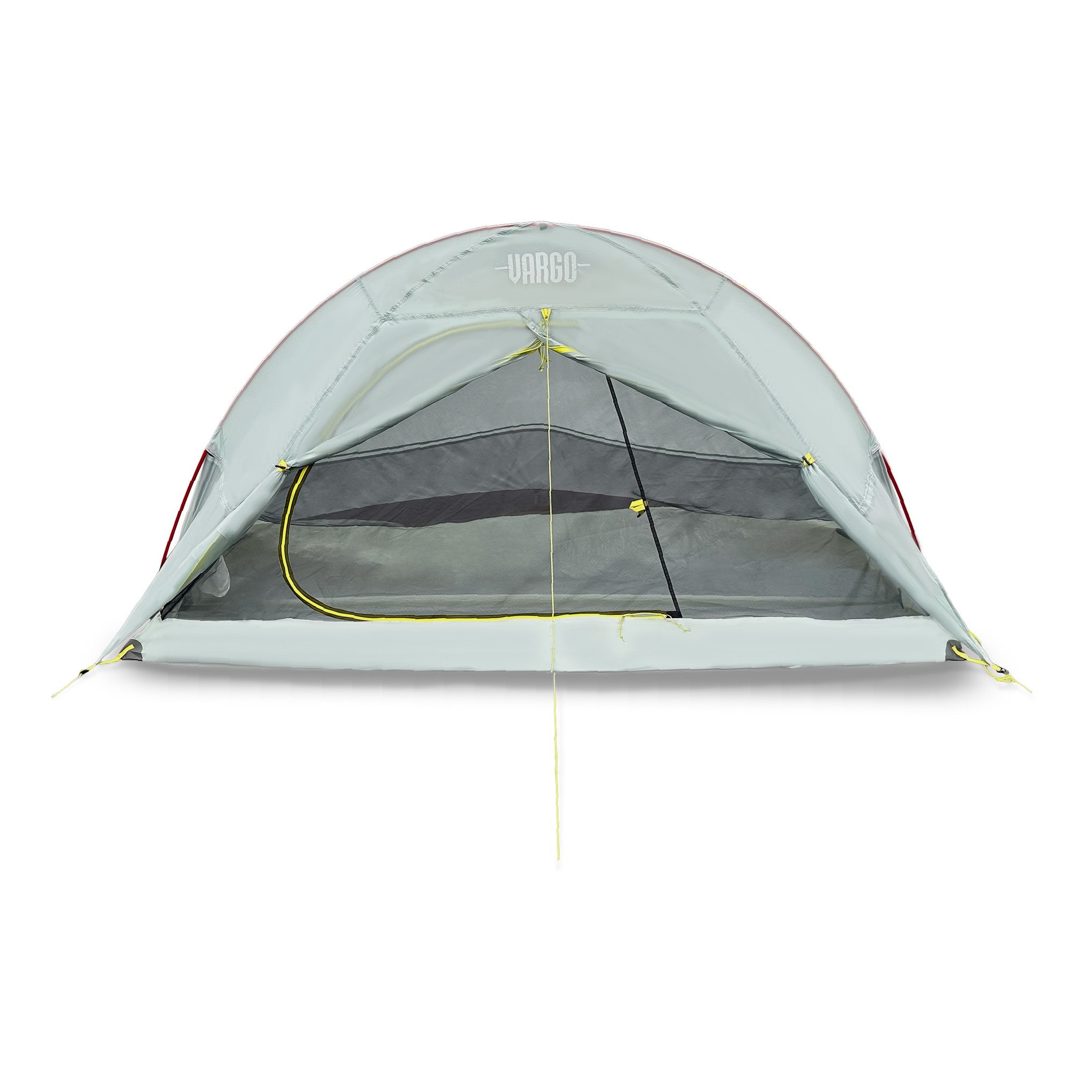 Gray tent with mesh door on a white background