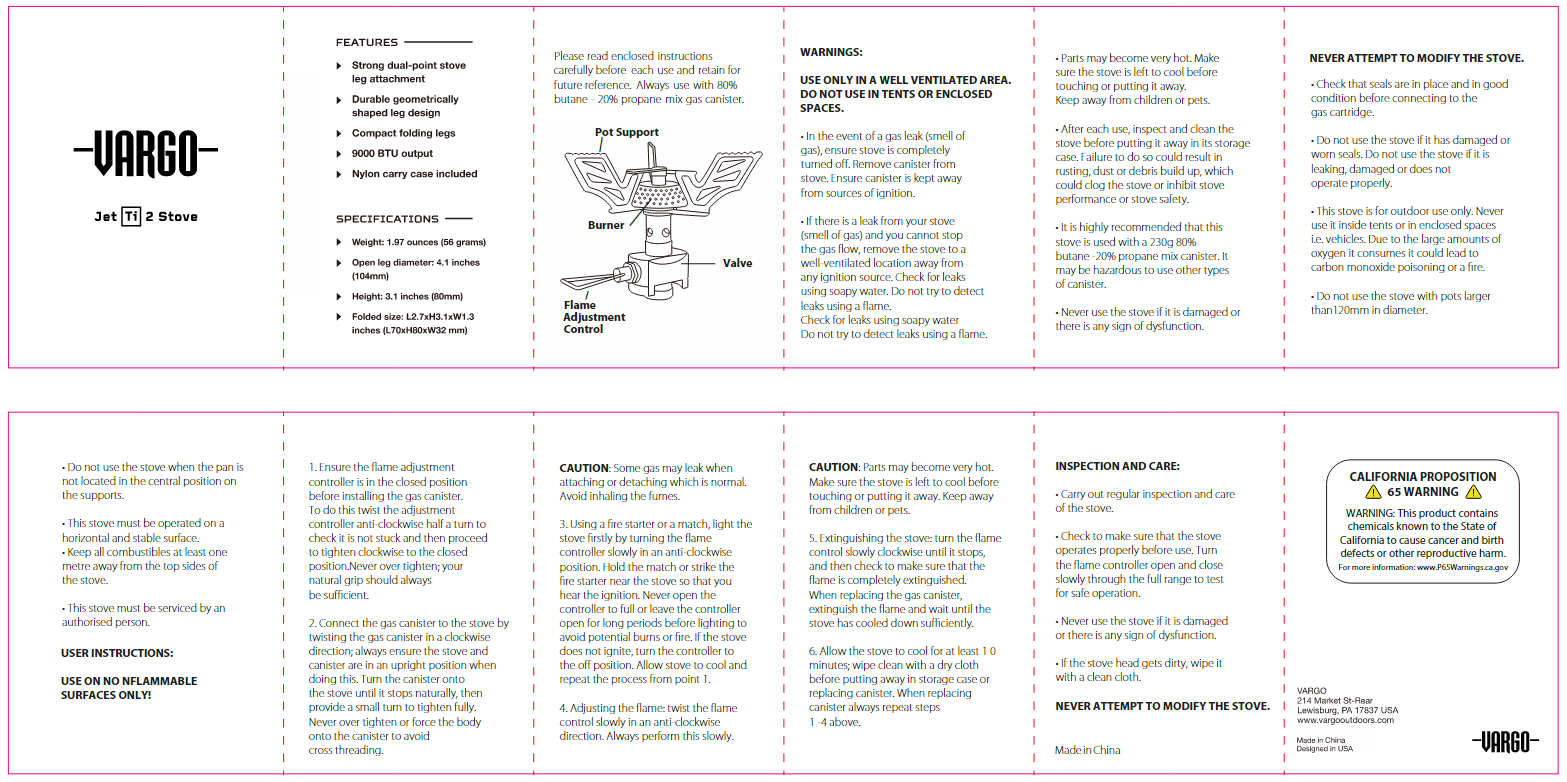 Detailed instruction manual for a Vargo Je Ti 2 Stove on a white background
