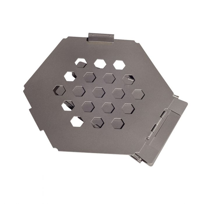 Hexagon metal woodstove folded flat on a white background