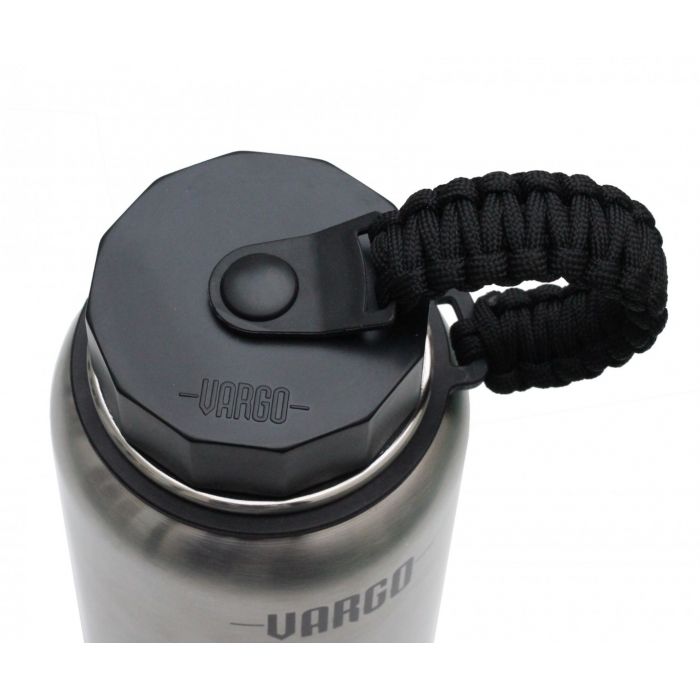 Stainless steel tumbler with black lid and paracord, featuring Vargo branding.