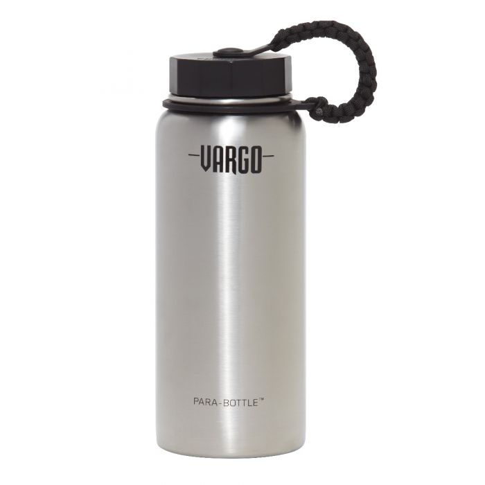 Silver Vargo para-bottle with black lid on a white background