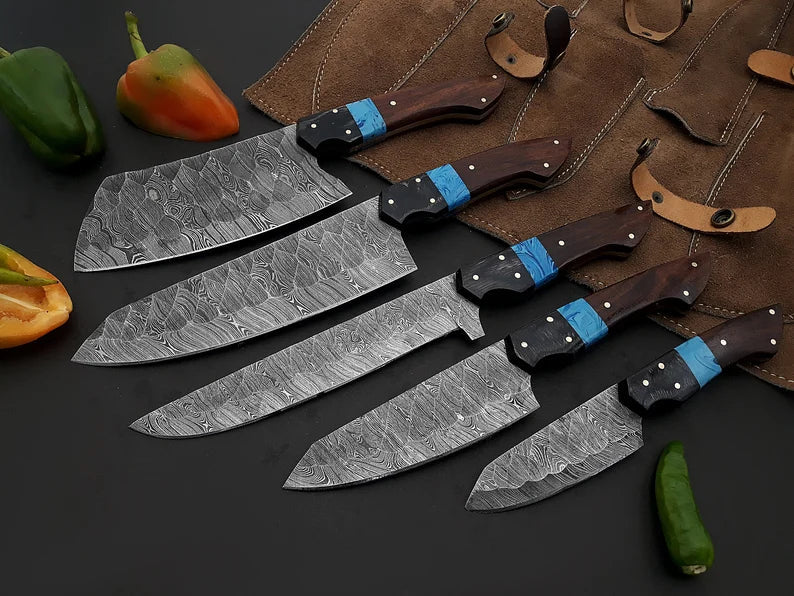 Best Chef Knives Sets – 13" Handmade Damascus Steel Kitchen Knife with Wenge Resin Handle & Leather Sheath