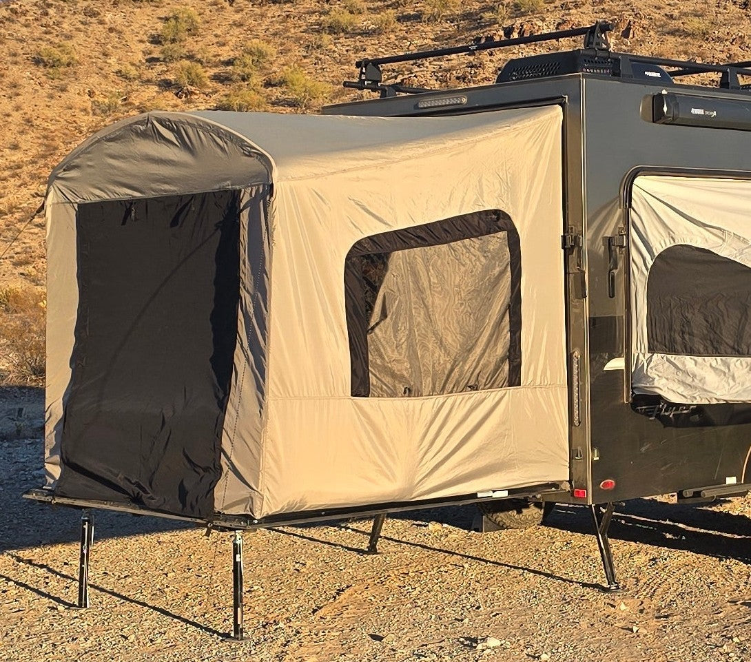 Toy Hauler Patio Enclosure Ramp Tent by PahaQue.  Custom Built to fit all Toy Hauler trailers.