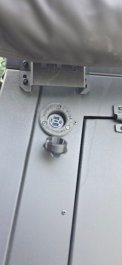 Close-up of a USB outlet in a branded grommet on a door