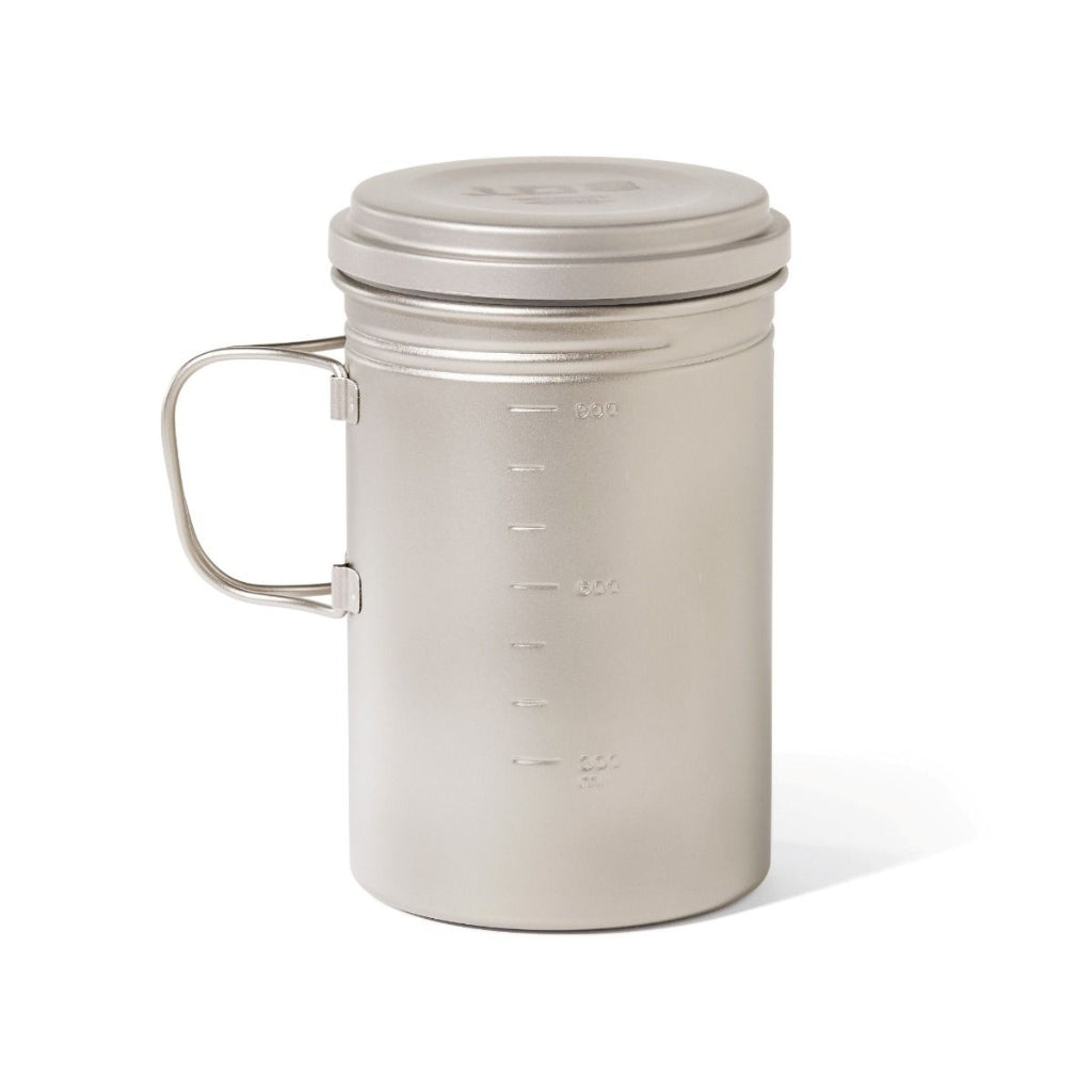Stainless steel mug with handle and lid on a white background