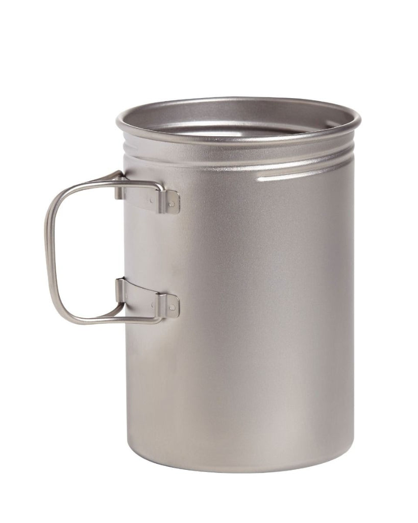 Stainless steel mug with handle on a white background